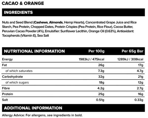 Vivo life plant protein bar cacao & orange ingredients