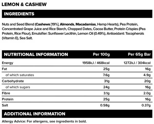 Vivo life plant protein bar lemon & cashew ingredients